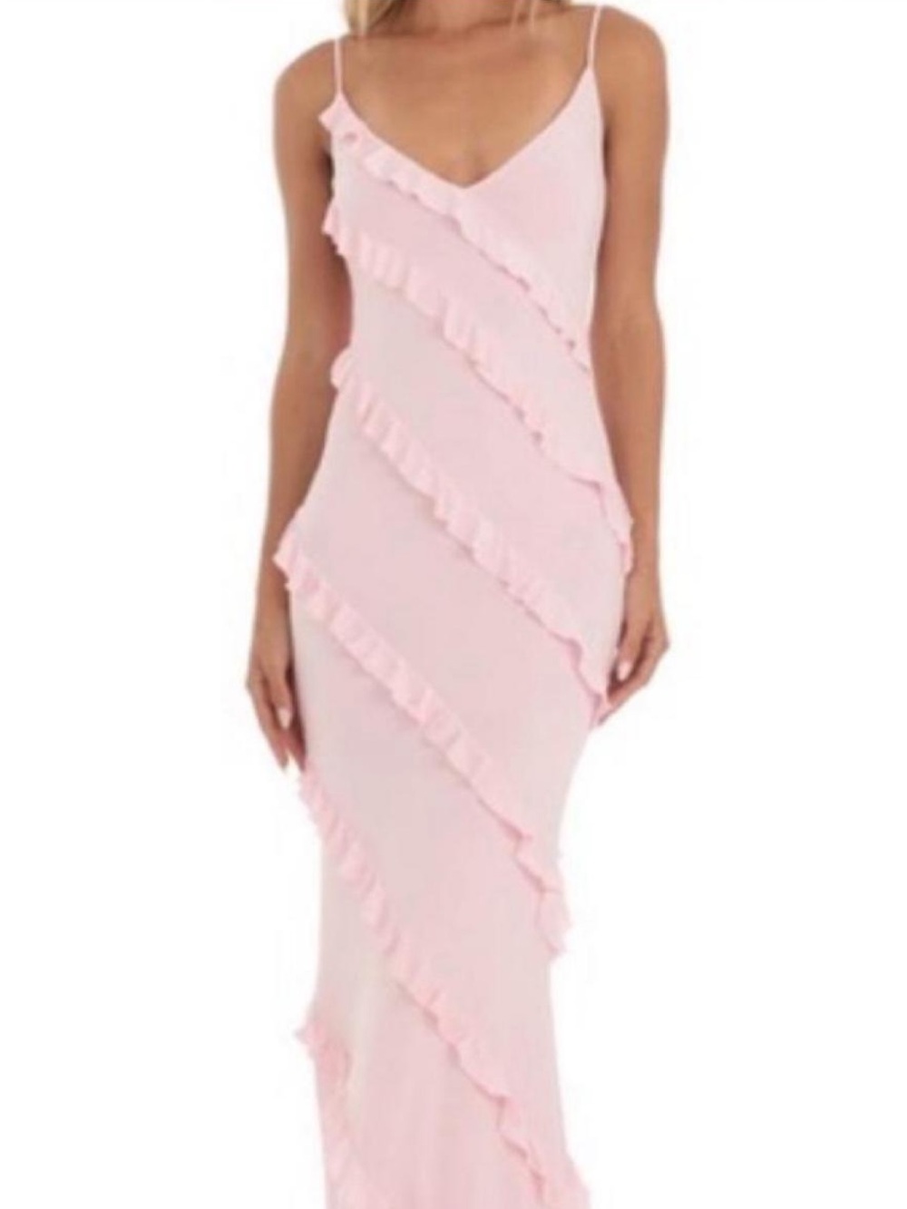 Lucy in the Sky Light Pink Ruffle-Trim Maxi Dress